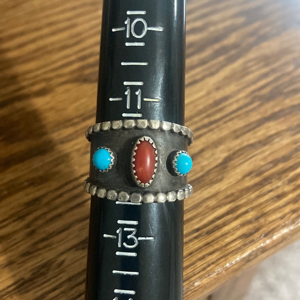 Sterling silver, coral, and turquoise ring